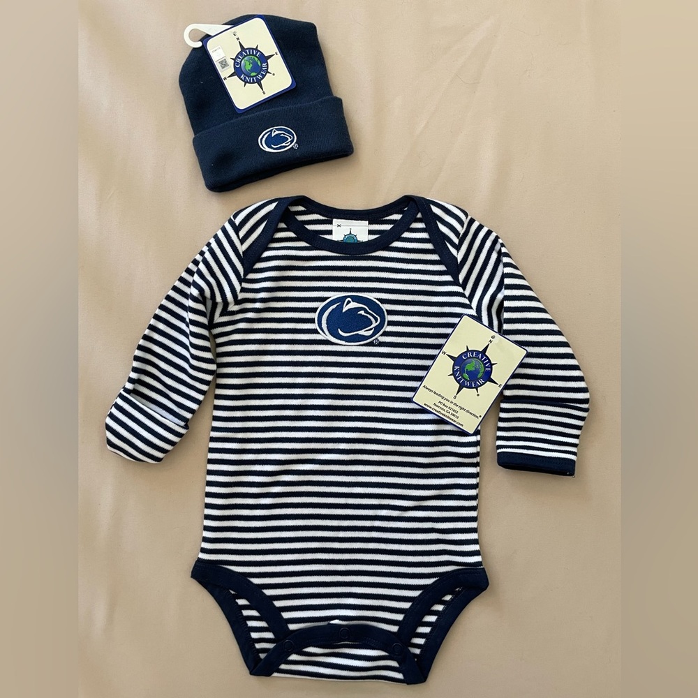 Penn State College Striped Navy and White Baby 0-3M Bodysuit and Matching Hat